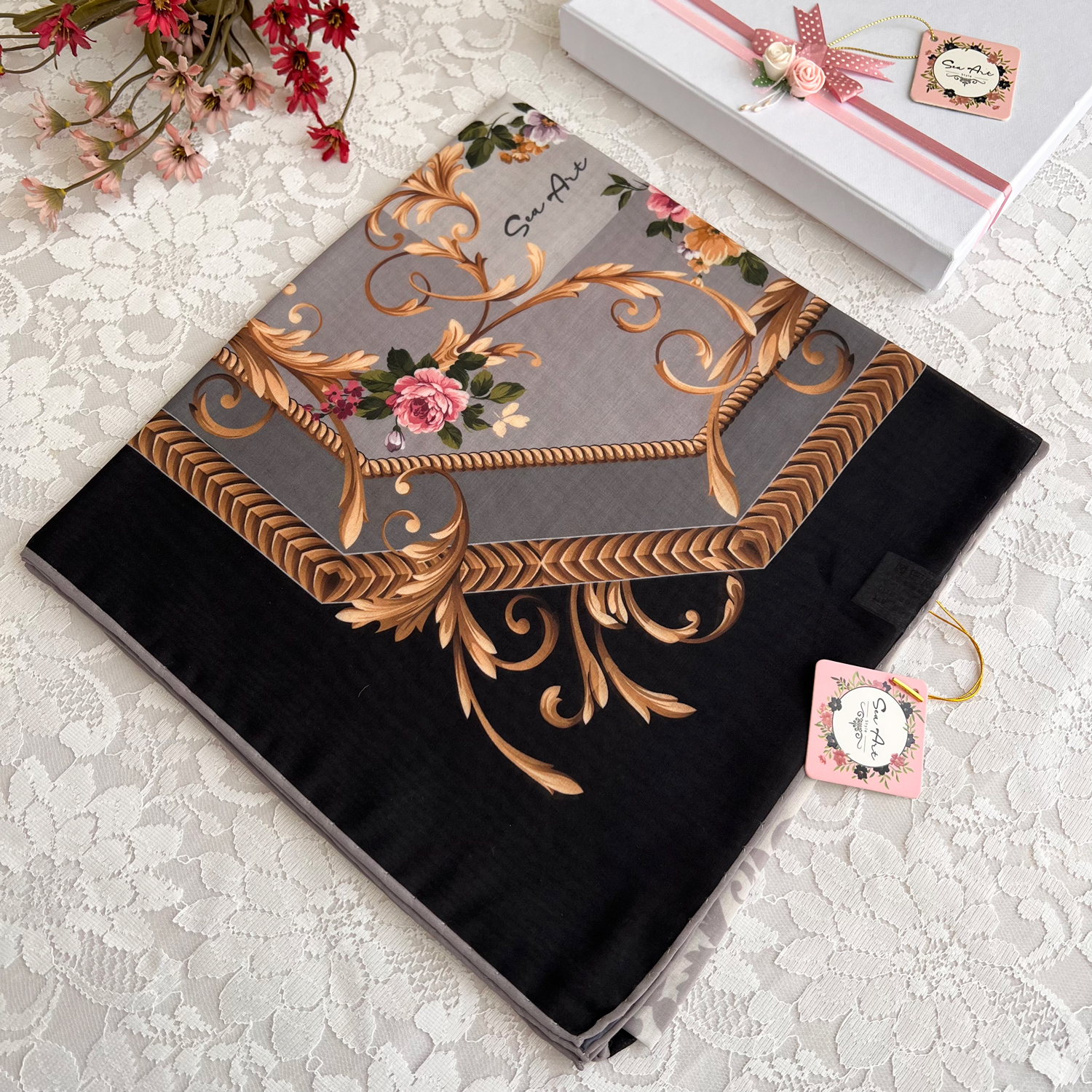 روسری طوسی مشکی طرح دیبا - سوپر نخ