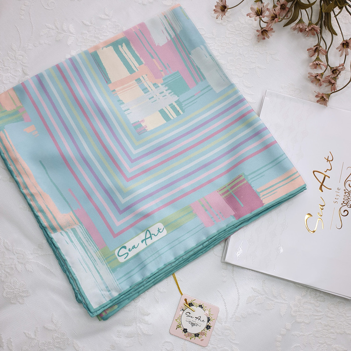 روسری فیروزه ای طرح بافت - ابریشم توییل