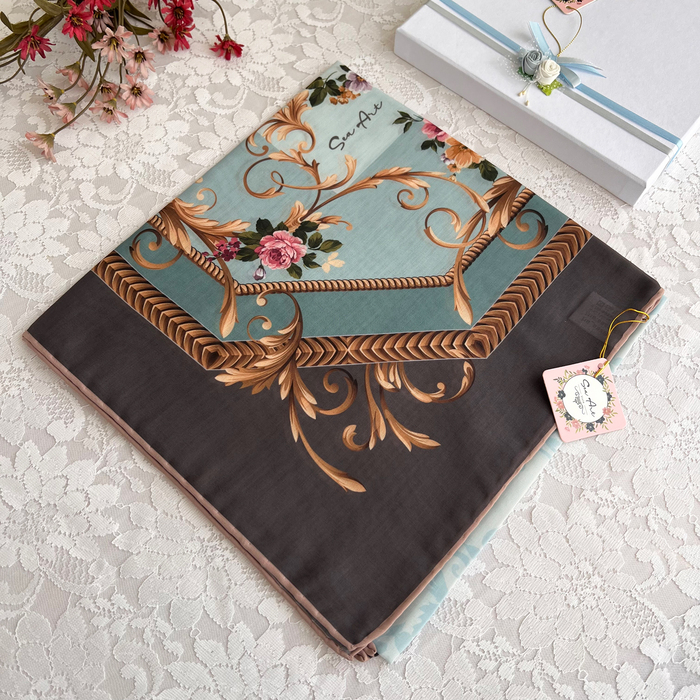 روسری فیرروزه ای خاکستری طرح دیبا - سوپر نخ