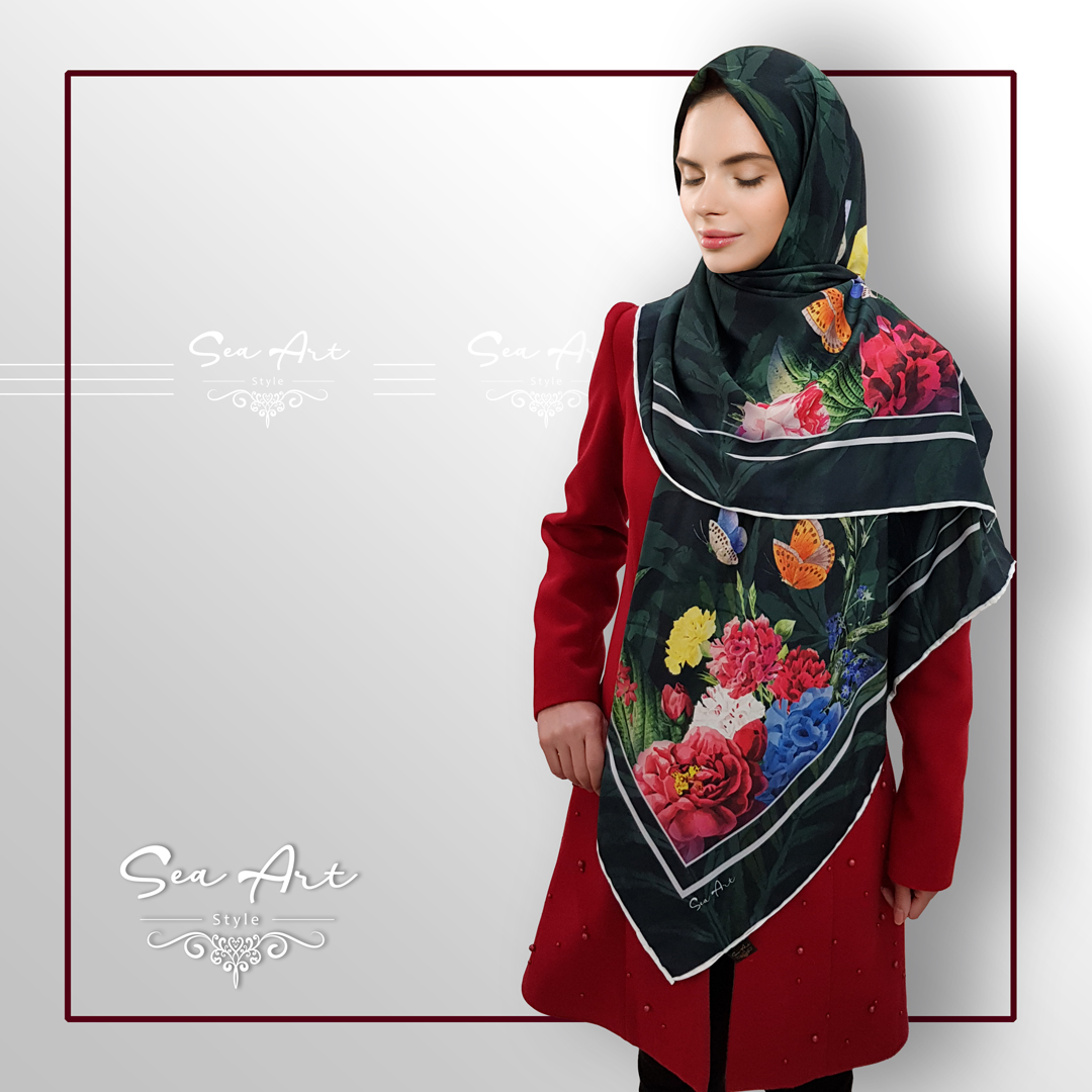 روسری سبز یشمی طرح میخک - ابریشم توییل>